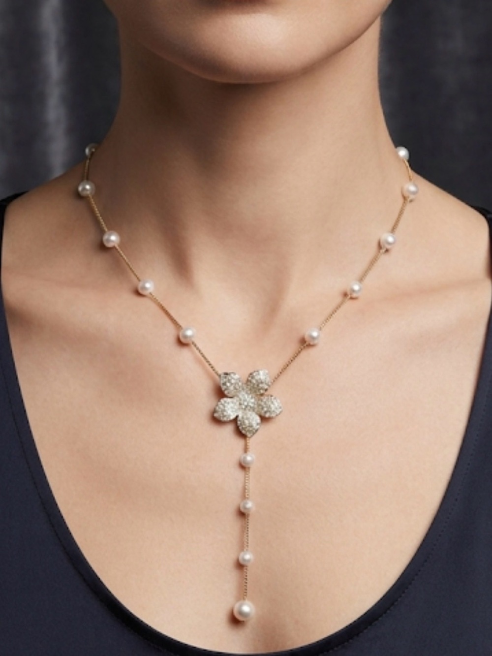 18k gold filled Dainty Gold-Tone Floral Pearl Y-Necklace | Delicate & Elegant